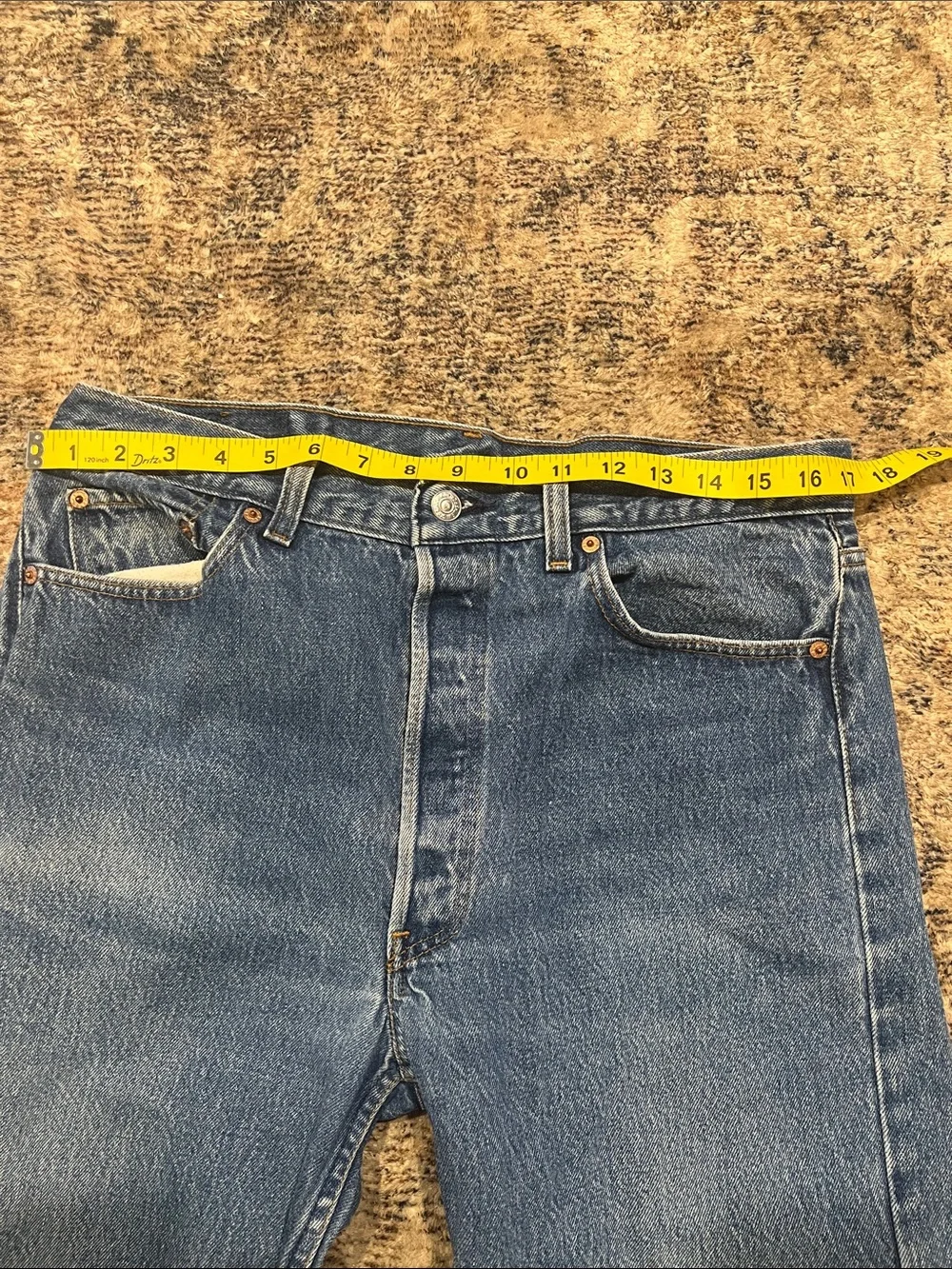 Vintage 501 Levi's Men's Mid Blue Relaxed Jeans with Brown Leather Patch 35x36
